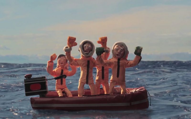 Cartoon of people at sea in a lifeboat looking scared